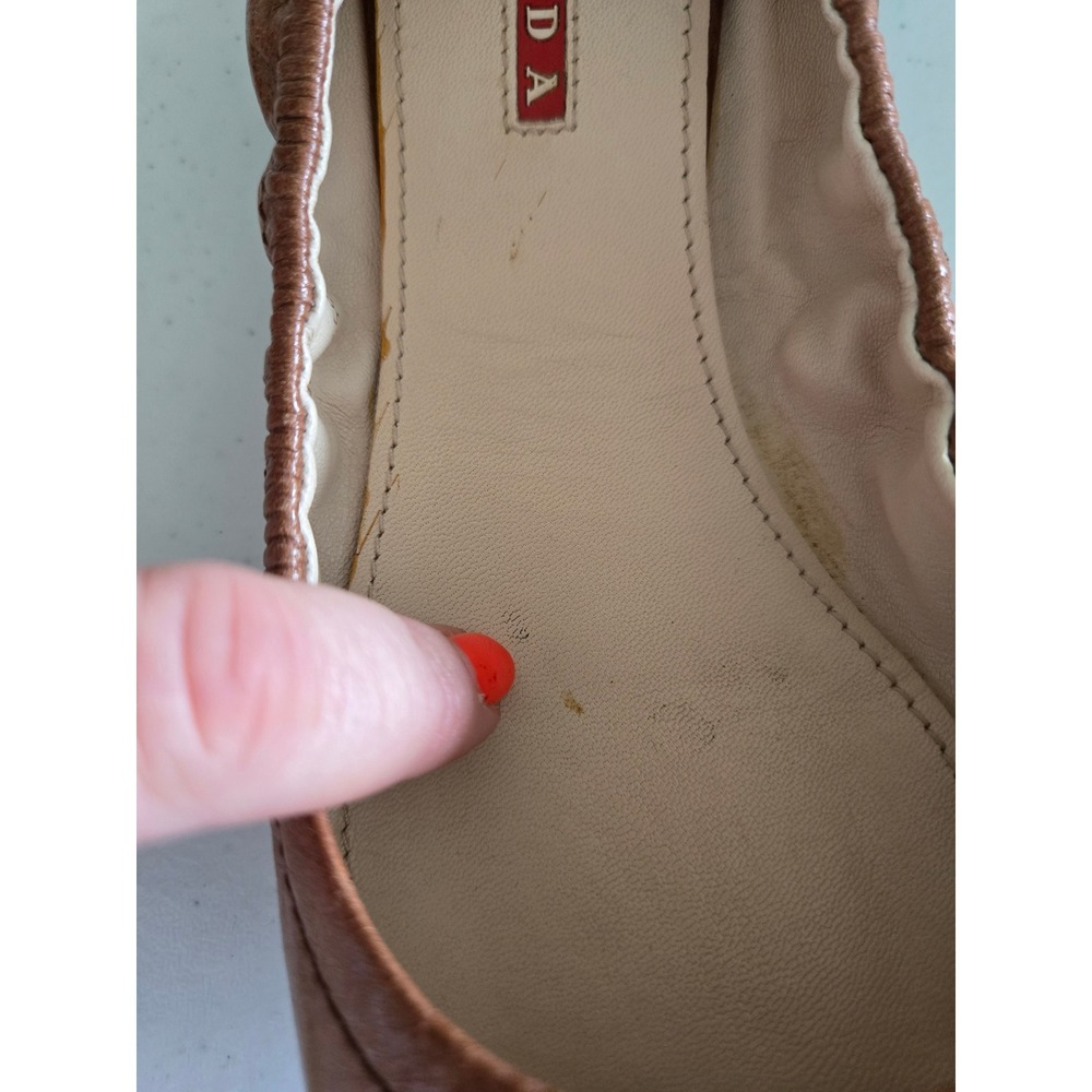Prada Designer Brown Leather Elastic Scrunch Ballet Flats Gold Logo Womens 37.5 - Picture 6 of 9
